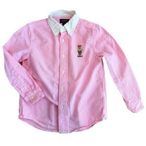Polo Ralph Lauren Bear Button Down Shirt Cotton Oxford Boys Size 5 Pink Spring